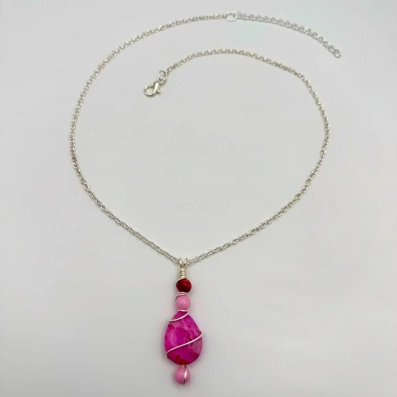 Wire-Wrapped Pink Gemstone Teardrop Pendant Necklace - Picture 3 of 6